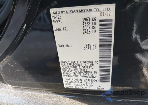 2022 Nissan Altima Sr Fwd z USA, uszkodzony, nr VIN 1N4BL4CV1NN326890